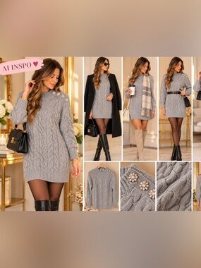 Suzy Shier Gray Cable Knit Sweater Dress | Jeweled Shoulder Buttons | S/P